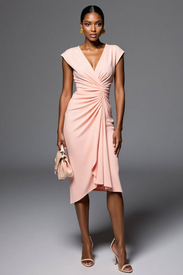 Ruched Pink Bodycon V-Neck Midi Work Dress